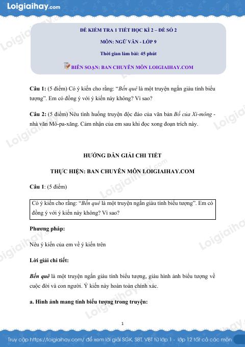Đề kiểm tra 1 tiết Văn 9 - Đề số 2